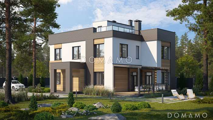 Проект дома в современном стиле с террасой, спортзалом, кухней-столовой с кладовой