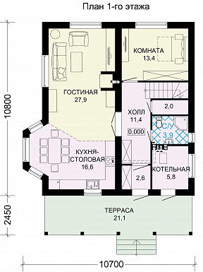 Проект загородного дома с крытой террасой и просторными спальными комнатами / План 1 этажа