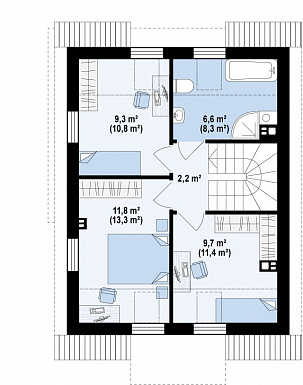 Проект компактного одноэтажного мансардного дома из газобетона с просторной светлой гостиной / План мансардного этажа