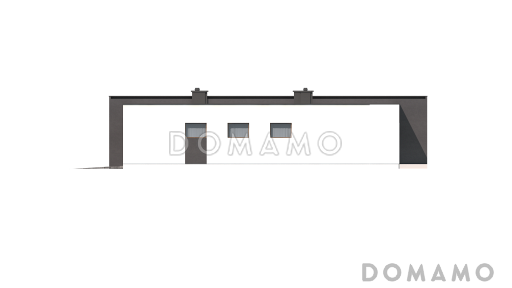 Проект небольшого современного одноэтажного дома из газобетона с плоской крышей с тремя спальнями и гаражом / Фасад 2