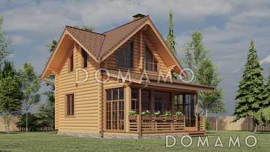 Проект двухэтажного дома из бревна с двумя спальнями, камином и верандой