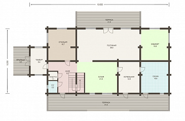 Проект деревянного дома из клееного бруса с огромным холом и тремя спальнями на втором этаже / План 1 этажа