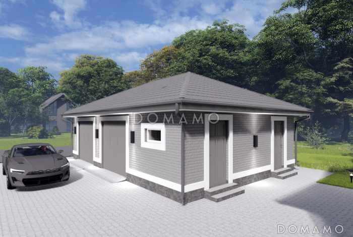 Проект двухместного гаража из газобетона с двумя хозяйственными помещениями