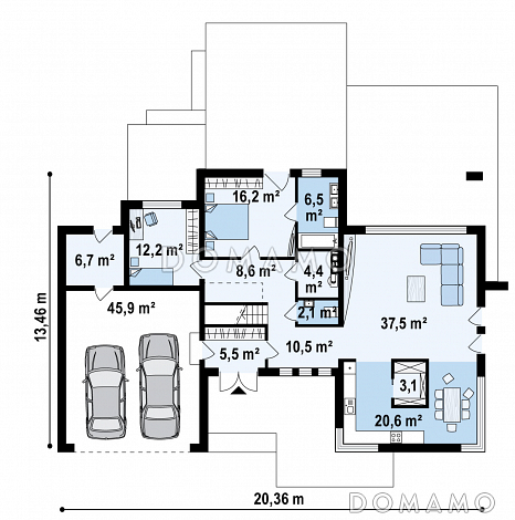 Проект просторного современного двухэтажного дома из кирпича, с пятью комнатами, гаражом и террасой над ним / План 1 этажа
