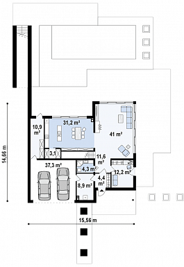 Проект современного двухэтажного дома из кирпича с плоской крышей необычного дизайна, с большими террасами на обоих уровнях, подходит для участка со склоном / План 1 этажа