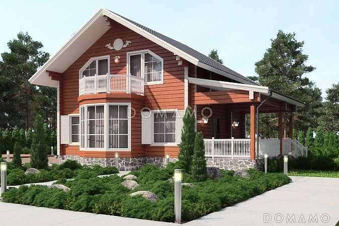 Проект двухэтажного коттеджа с эркером первого этажа, который переходит в балкон