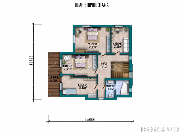 Проект двухэтажного дома с двумя террасами и балконом / План 2 этажа