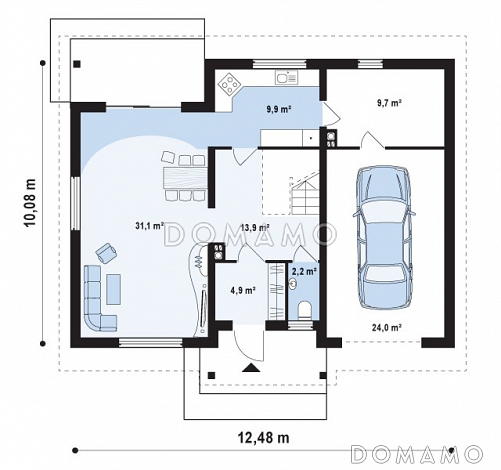 Проект классического мансардного дома из газобетона со встроенным гаражом / План 1 этажа