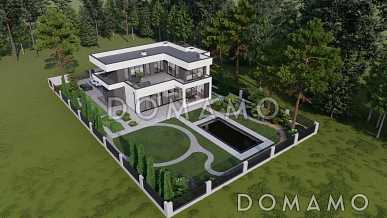 Проект крупномасштабного двухэтажного дома в стиле хай-тек с подвалом и бассейном