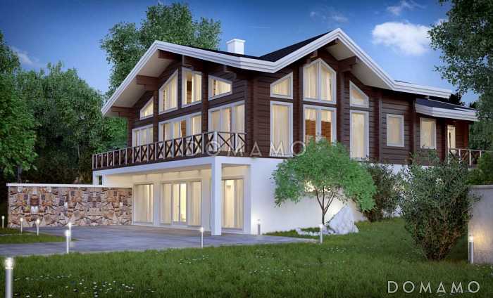 Проект дома из клееного бруса в стиле скандинавского шале с цокольным этажом