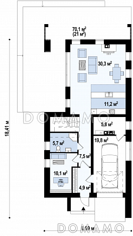 Проект аккуратного современного мансардного дома из газобетона с  гаражом и террасой над входом / План 1 этажа