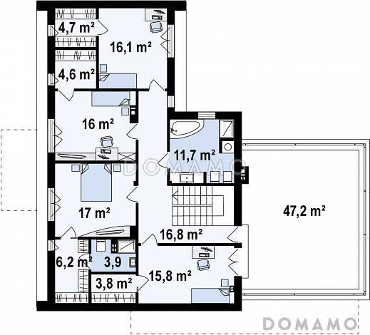 Проект современного двухэтажного дома из кирпича с плоской крышей с гаражом для двух автомобилей и террасами на обоих уровнях / План 2 этажа