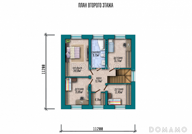 Проект двухэтажного дома с застекленной террасой и 5 спальнями / План 2 этажа