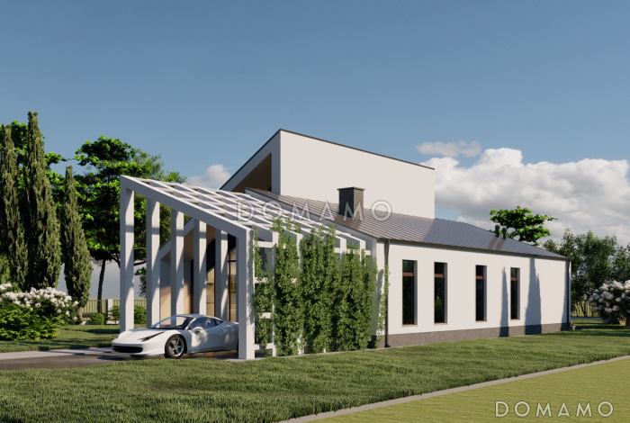 Проект одноэтажного каркасного дома в стиле хай-тек с "живым" навесом