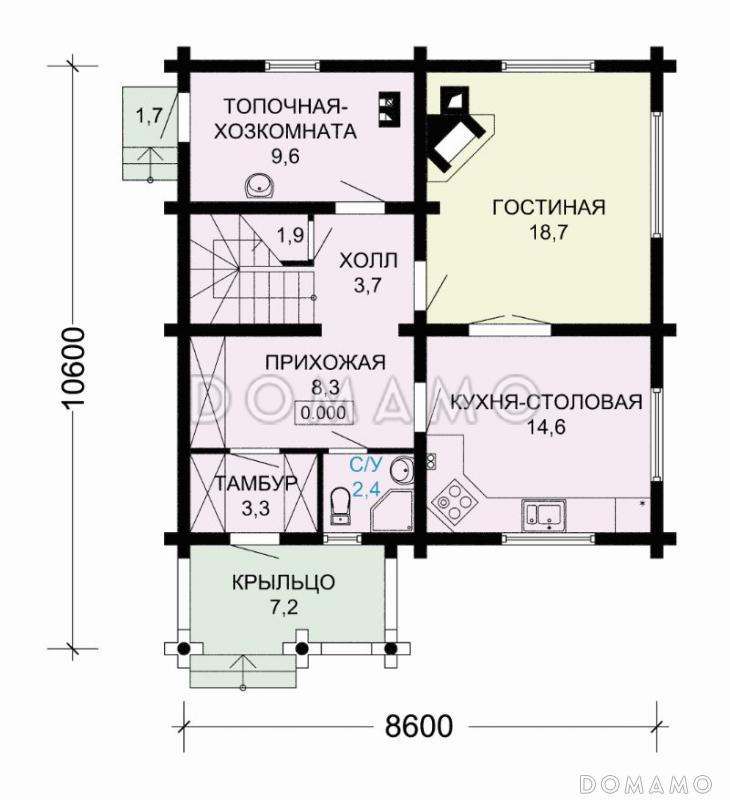 Проект небольшого загородного дома с красивой серой крышей / План 1 этажа