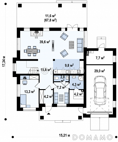Проект загородного дома с круглым окном, гаражом, просторной дневной зоной,  спальней и комнатой отдыха на первом этаже / План 1 этажа