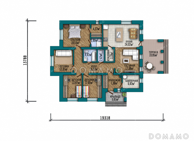 Проект одноэтажного дома средних размеров с 4 спальнями и небольшой террасой / План 1 этажа