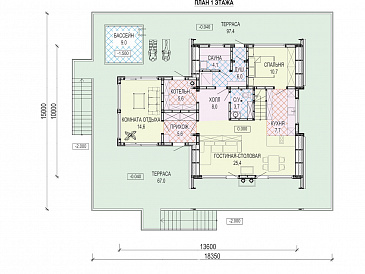 Дом A-frame с обходной террасой и бассейном / План 1 этажа