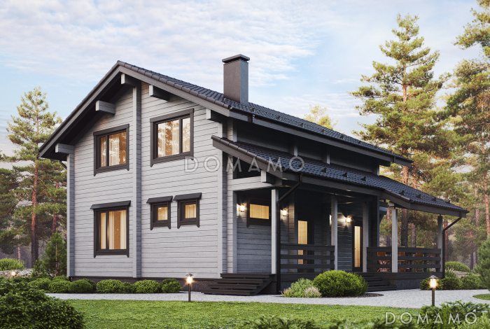 Проект загородного дома с террасой, комнатой на первом этаже, кладовой под лестницей, балконом