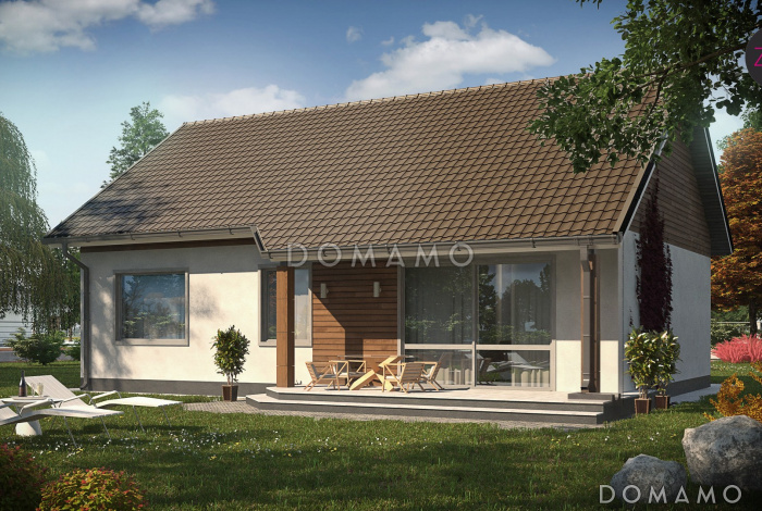 Проект компактного одноэтажного дома из газобетона с острой крышей, с тремя спальнями и небольшой крытой террасой