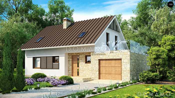 Проект одноэтажного мансардного дома из газобетона с кабинетом, гаражом и террасой над ним