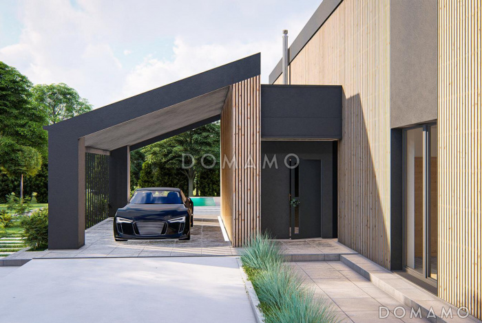 Проект загородного дома с косой крышей, навесом для машины, столовой, гостиной