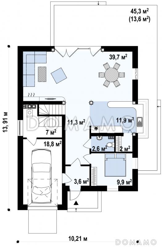 Проект мансардного дома из кирпича с пятью спальнями, гаражом и балконом / План 1 этажа