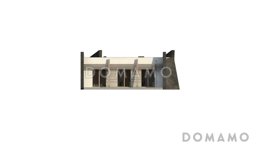 Проект современного одноэтажного дома из газобетона необычного дизайна с плоской крышей и с тремя спальнями / Фасад 2