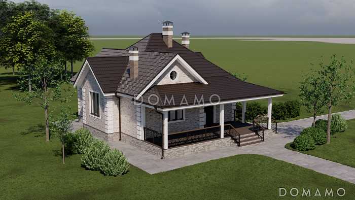 Проект одноэтажного дома из керамоблока с мастер-спальней и крытой террасой