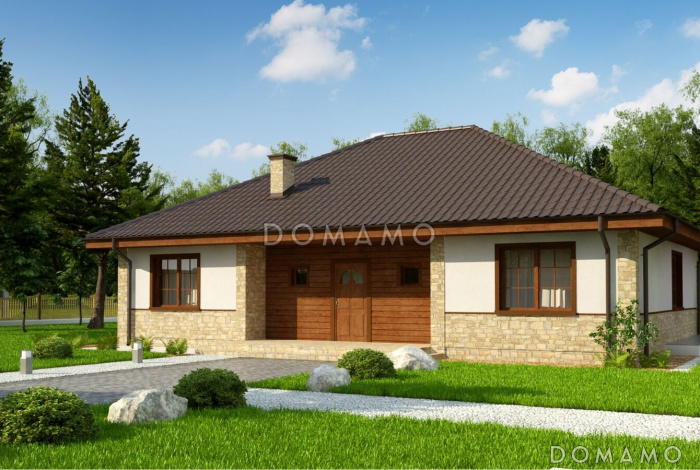 Проект одноэтажного дома из кирпича с тремя спальнями и небольшой крытой угловой террасой