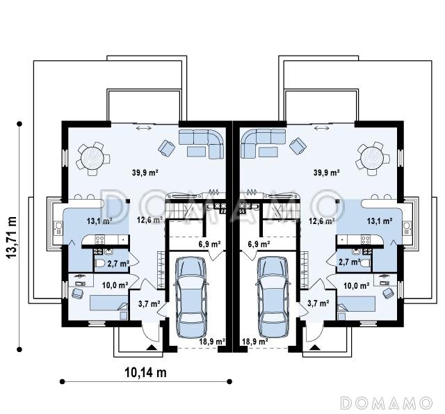 Проект современных мансардных домов-близнецов из кирпича с гаражом, слуховым окном и балконом / План 1 этажа