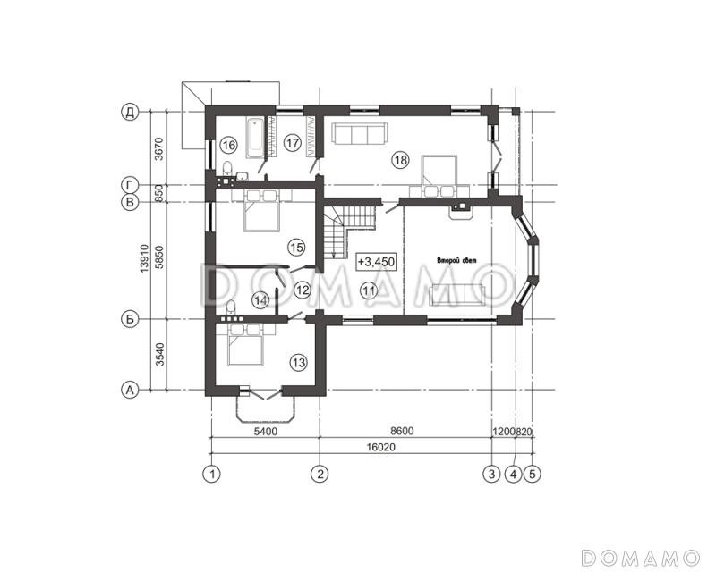 Проект дома с просторной двусветной гостиной с камином  / План 2 этажа