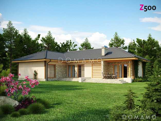 Проект просторного одноэтажного дома из кирпича с фронтальным гаражом на два автомобиля и отделённой зоной сна