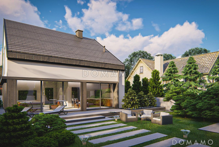 Проект комфортного загородного дома с панорамным остеклением гостиной, гаражом, кладовой и мастер-спальней на мансарде