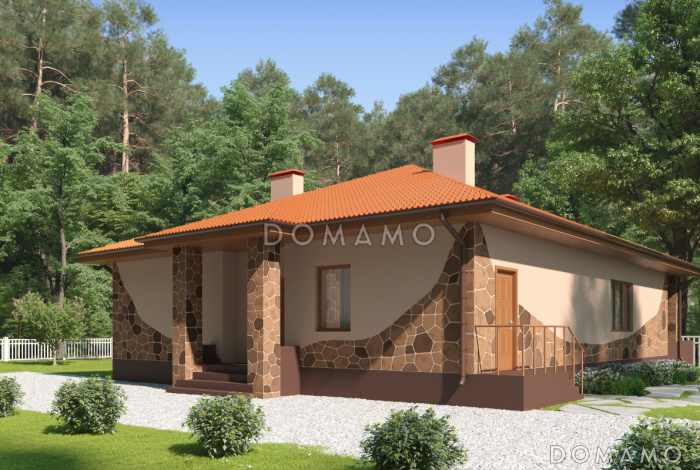 Проект одноэтажного дома с террасой, кладовой в большой кухне-столовой, сауной