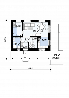 Проект компактного одноэтажного мансардного дома из кирпича с тремя спальнями и фронтальной террасой / План 1 этажа