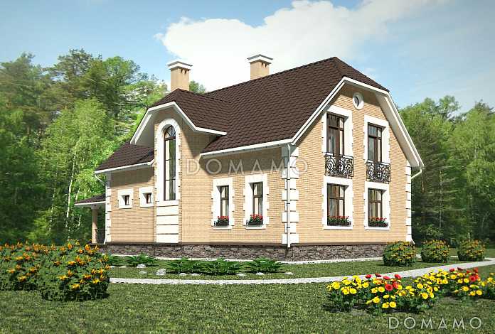 Проект коттеджа из кирпича с французскими балконами и большим кабинетом первого этажа