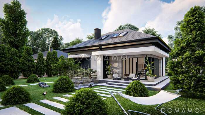 Проект загородного дома с гаражом, кладовой на кухне, мастер-спальней в мансарде