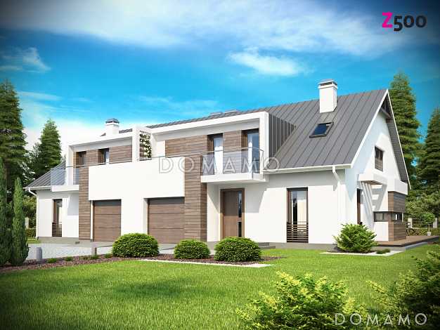 Проект современных мансардных домов-близнецов из газобетона с гаражом, слуховым окном и балконом