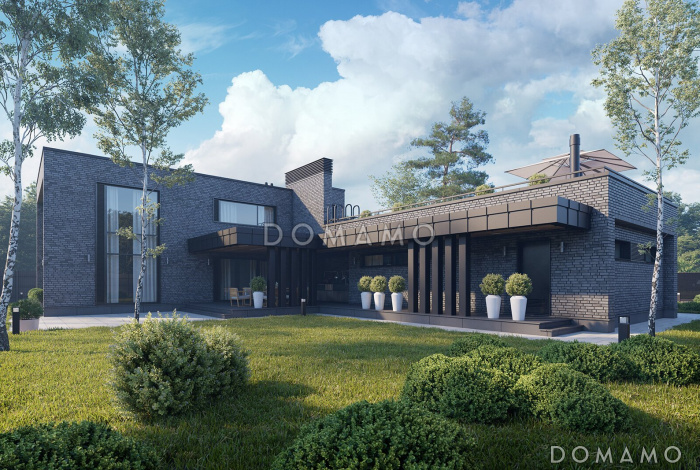 Проект дома из газобетона с эксплуатируемой кровлей, террасой барбекю, гаражом и вторым светом