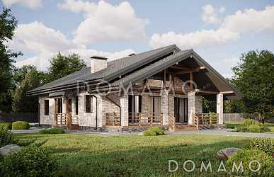 Проект выразительного одноэтажного дома с двухскатной крышей в разных уровнях, большой террасой и вторым светом