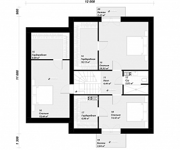 Проект мансардного дома из газобетона с 2 балконами, эркером и гаражом на 1 машину / План мансардного этажа