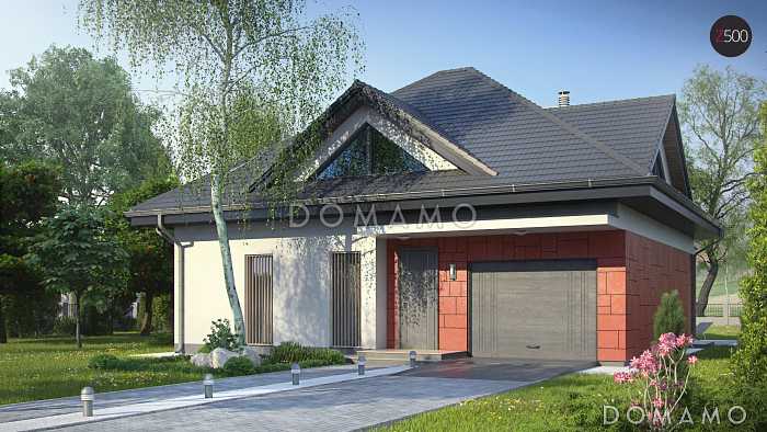 Проект одноэтажного мансардного коттеджа из газобетона с большой площадью остекления в гостиной, кабинетом и гаражом