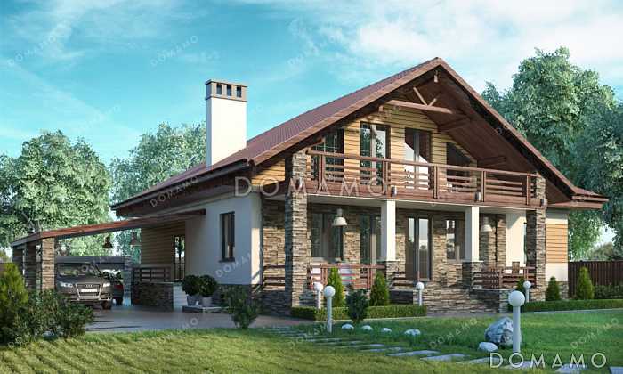 Проект дома с сауной в цокольном этаже, навесом для машины и гостиной на мансарде