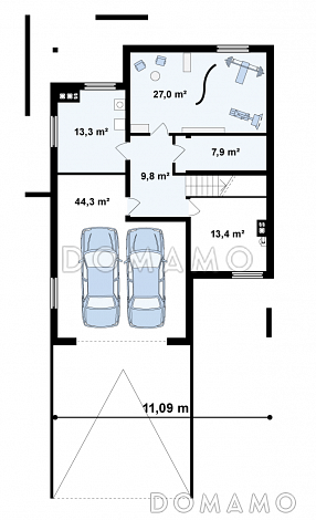 Проект большого двухэтажного дома из газобетона с цокольным этажом и подземным гаражом / План цокольного этажа