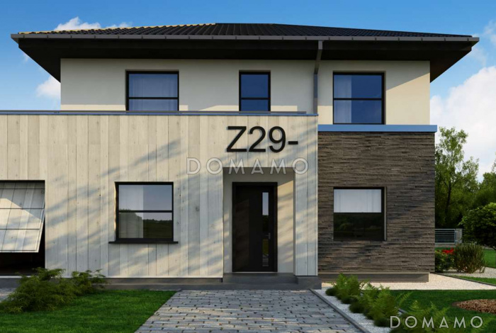 Проект обновлённого двухэтажного дома из газобетона с гаражом и большой террасой на втором этаже