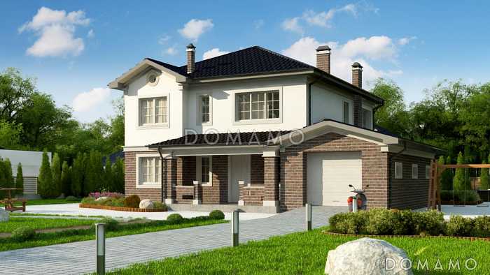 Проект дома с гаражом для машины, подвалом, крытой террасой, кладовой