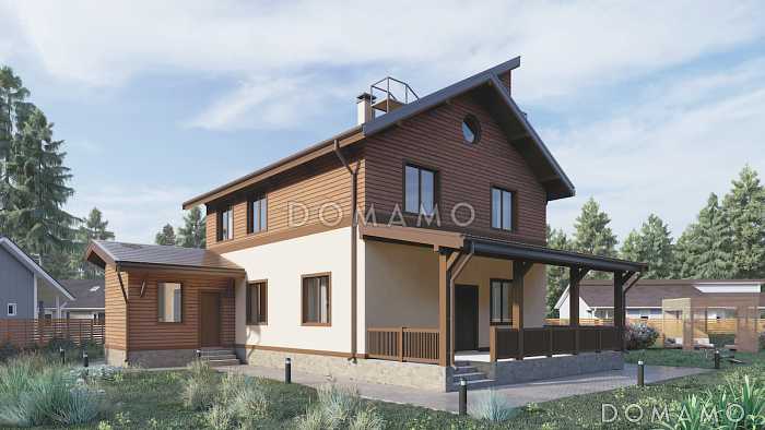 Проект двухэтажного дома с 5 спальнями, террасой, пристроенной мастерской и люкарной с балконом