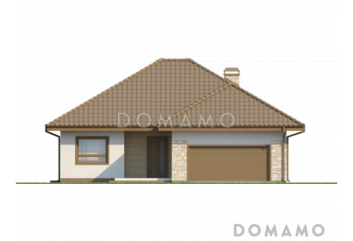 Проект одноэтажного дома из газобетона с просторной гостиной, большим гаражом и двумя спальнями / Фасад 1