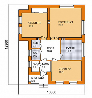 Проект кирпичного дома с изолированной кухней, двумя спальнями и небольшой гостиной / План 1 этажа